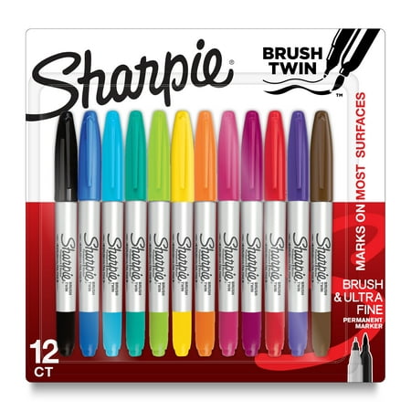 Sharpie Brush Twin Permanent Markers, Brush Tip Marker and Ultra Fine Tip Marker, Assorted, 12 Count