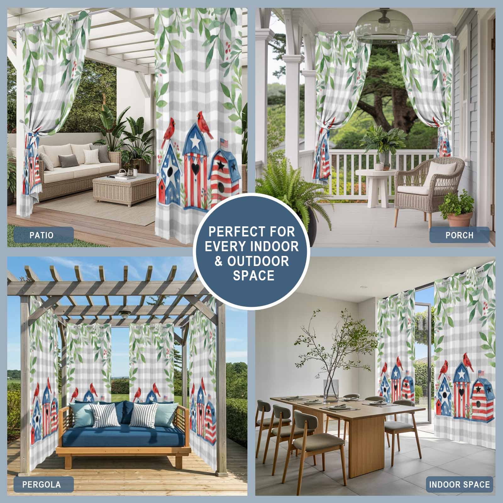 Independence Day Outdoor Curtains for Patio, Watercolor Cardinal Bird Birdhouses Leaf Grey Plaid Sunshade Privacy Drapes Grommet Waterproof Outside Curtains for Porch/Cabana/Balcony 54"x108", 1 Panel