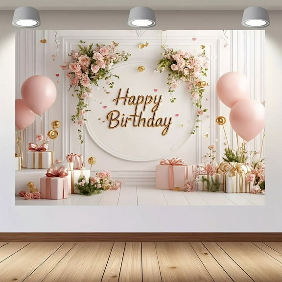 Rose Golden Happy Birthday Backdrop Pink Floral Flower Balloons Elegant Photography Background for Girls Women Aesthetic Party Decorations Banner Photo Booth Props Supplies