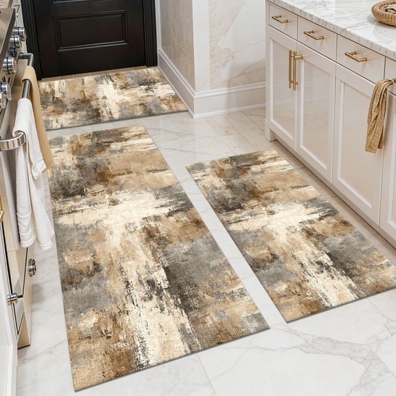 3-Piece Farmhouse Kitchen Rug Set, Washable Anti Slip Striped Floor Mats in 3 Sizes, Stain Resistant Decor Rugs for Kitchen Hallway Bathroom Home Christmas Decor