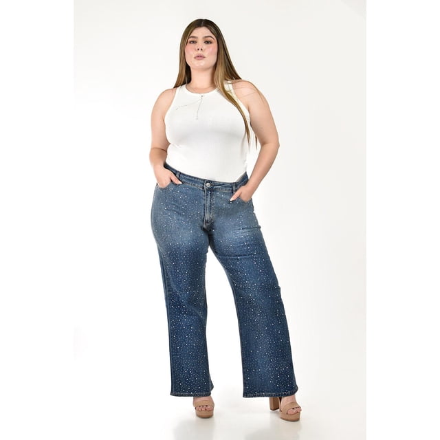 Jeans Wide Leg con aplicaciones brillantes Roman Fashion /Tallas Extras, 0203 (Azul medio) azul 40