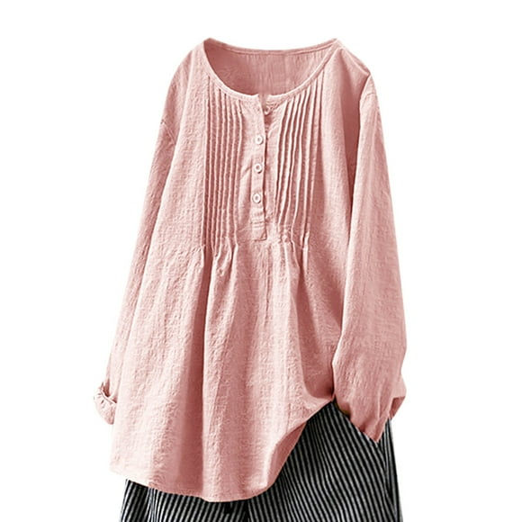 Hiiyo Women's Plus Size Oversized Cotton Linen T-Shirt Long Sleeve Casual T Shirt, Pink XXXXXL
