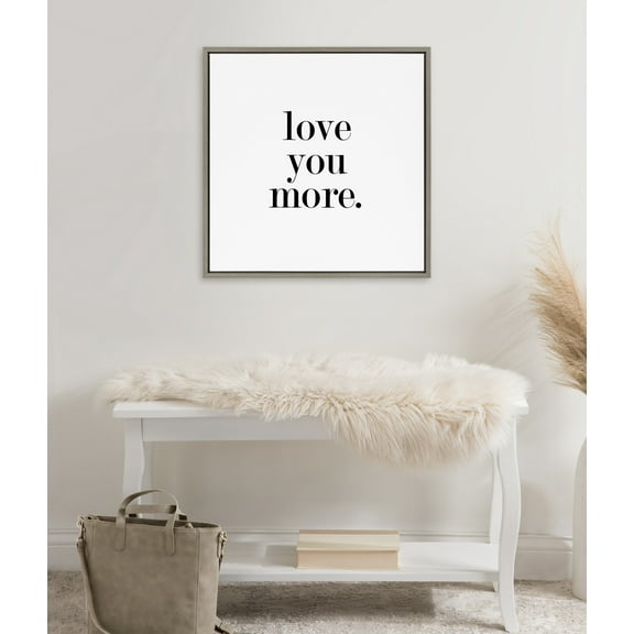 Kate and Laurel Sylvie Love You More Flinen Framed Canvas Wall Art by Maggie Price of Hunt and Gather Goods, 22x22 Gray, Simple Romantic Art for Wall