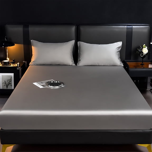 Fitted Sheet Made of Ice Silk Fabric, Cooling Satin Fitted Sheet for Summer, Soft Breathable Bed Sheet for Queen Size Mattress, Washable Silk Sheets for Hot Sleepers, Gray