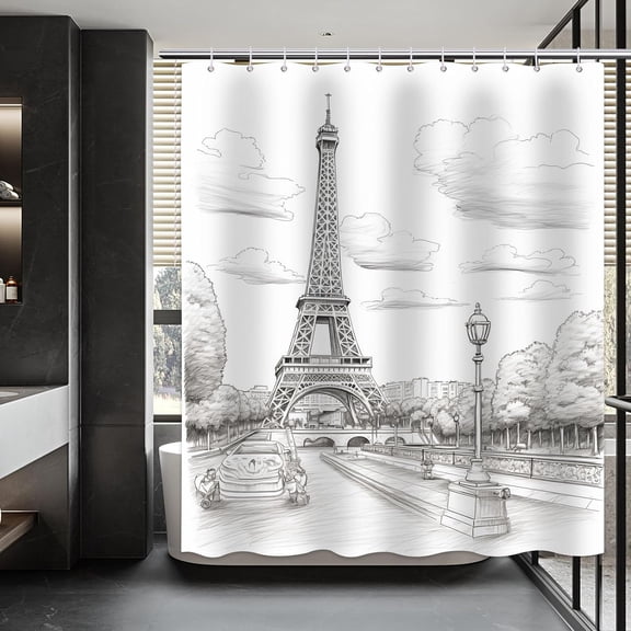 Eiffel Tower Shower Curtain Paris Shower Curtains for Bathroom Retro Hand-Painted Sketch Style France Scenery Decor Set with 12 Hooks 72x72 inches (C)