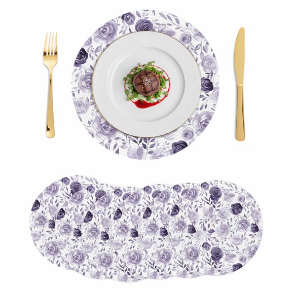 Round Placemats Purple Rose 15 inch Set of 6 Table Mats for Dining Table Watercolor Flowers Leaves Heat Resistant Non-Slip Kitchen & Home Decorative Place Mat Set