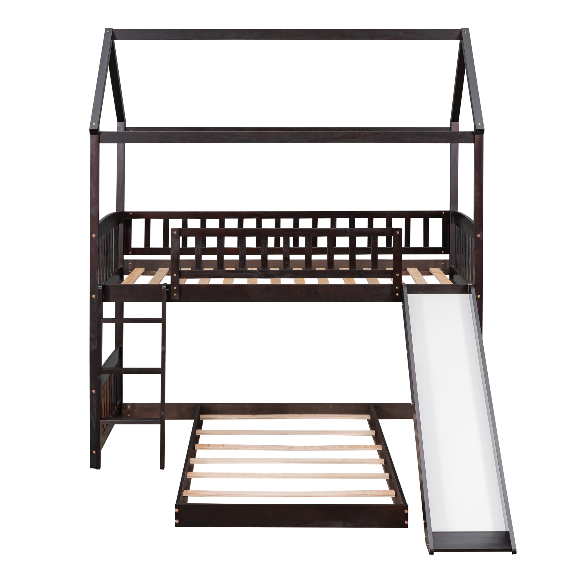 Aukfa Twin over Twin Bunk Bed with Slide, L-Shaped House Bunk Bed for Kids, Boys and Girls, Wooden - Espresso