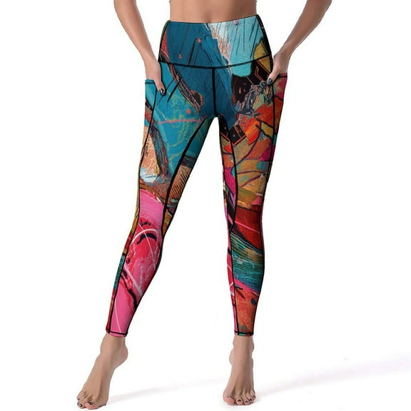 Marble Texture Women's High Waisted Yoga Pants with Pockets, Tummy Control Non See Through Workout Athletic Running Leggings