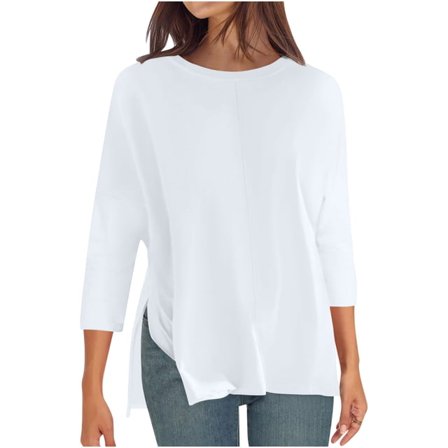 Dealovy T-Shirts à Manches 3/4 pour Femmes Col Rond Couleur Unie Décontracté Ample Été Confortable