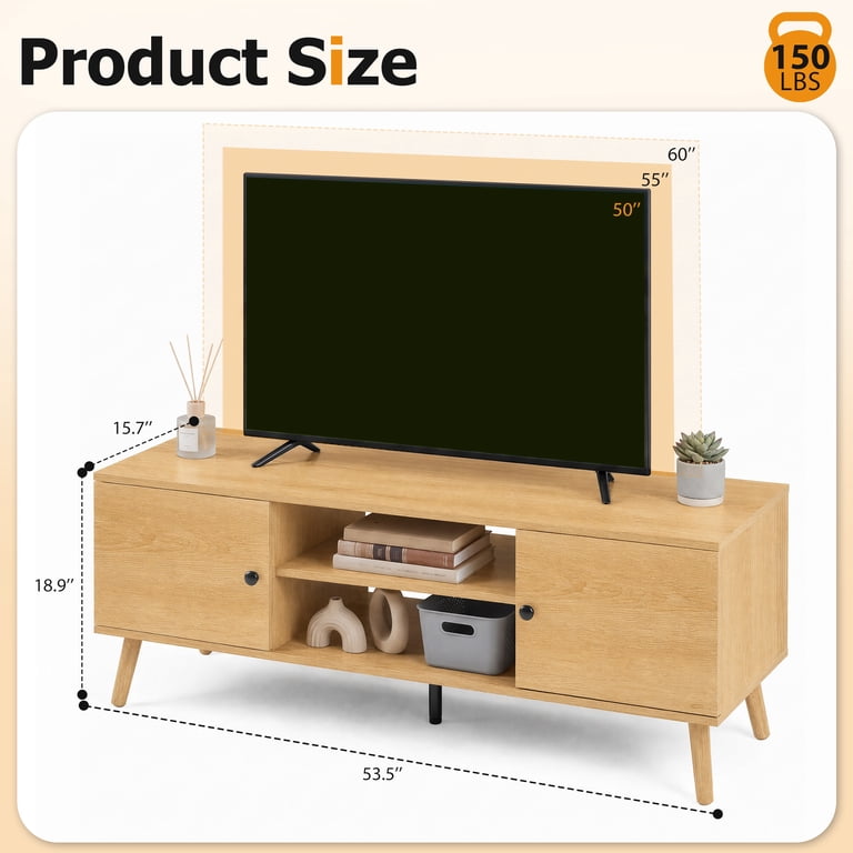 EDX Retro-Modern TV Stand with Soft-Close Cabinets, Natural Wood photo 7