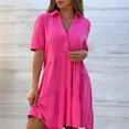thumbnail image 3 of Vestido de lino y algodón para mujer, prenda informal de manga corta y cintura alta con botones y solapa, Color liso, Verano, 3 of 4