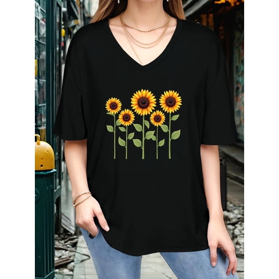 BESTLUCKY Trendy Women's Round - Neck Short - Sleeve T - Shirt Featuring Beautiful Sunflower Graphics for a Trendy and Stylish Look