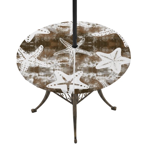 Round Outdoor Tablecloth with Umbrella Hole and Zipper, Coastal Starfish Tablecloth with Elastic Waterproof, Vintage Country Ocean Life Tie-dye Brown Patio Table Covers for 36" - 44" Pool Tables