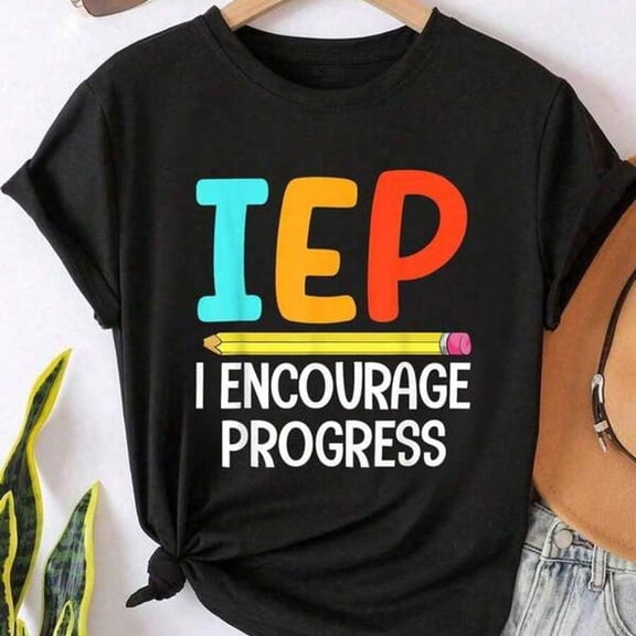 【New Arrival】IEP I Encourage Progress Colorful Letter Pencil Graphic T-Shirt, Unisex Cotton Crew Neck Special Education Teacher Casual Tee, SPED Educator Gift