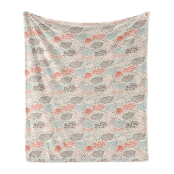 Umbrella Soft Flannel Fleece Throw Blanket, Dotted and Striped Hand Drawn Style Clouds Among Ornate Umbrellas and Downpour, Cozy Plush for Indoor and Outdoor Use, 60" x 80", Multicolor, by Ambesonne