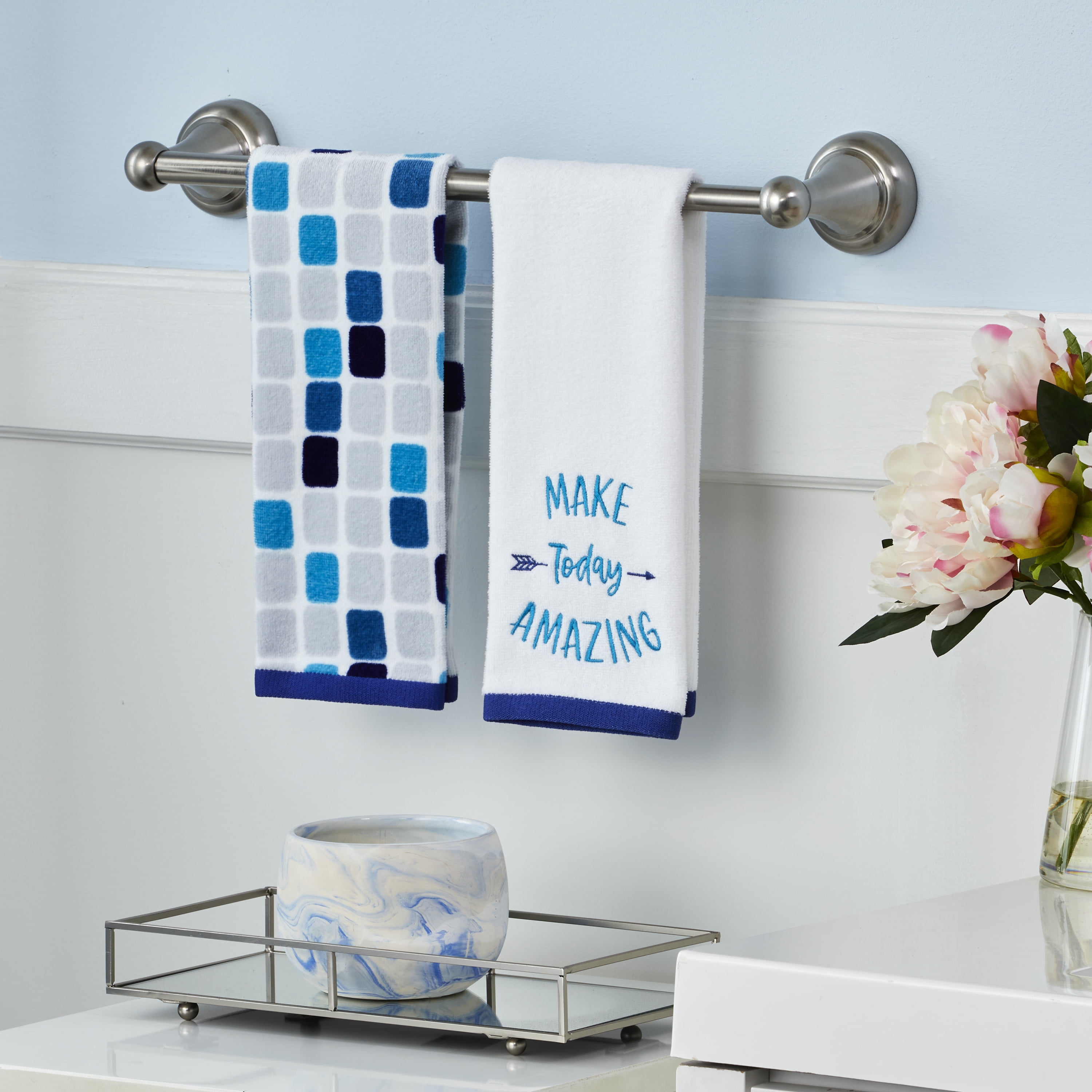 Mainstays 2 Piece Cotton Hand Towel Set, Mosaic, White, Blue