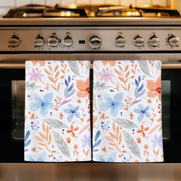 Boho Summer Floral Kitchen Towels Set of 2, Orange Blue Wildflowers Leaves Pastoral Absorbent Dish Towels for Kitchen, Microfiber Hand Towel, Quick Drying Tea Towel for Cleaning Decorative Dishcloths