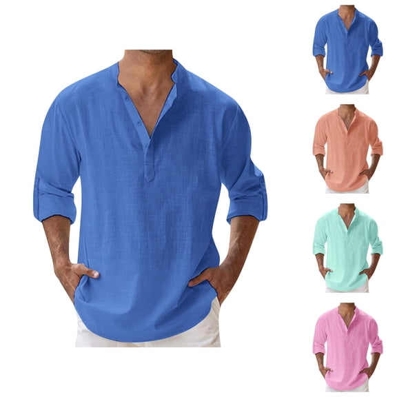 Linen Shirt Men Long Sleeve Band Collar Relaxed Fit Lightweight Plain Spring Summer Beach Shirt