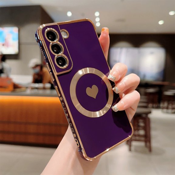 Magnetic Case for Samsung Galaxy S21 Plus 5G Case for Women Men [Compatible with MagSafe], Cute Love Heart Electroplated Soft Back Cover Raised Full Camera Lens Case (6.7"/2021), Darkpurple