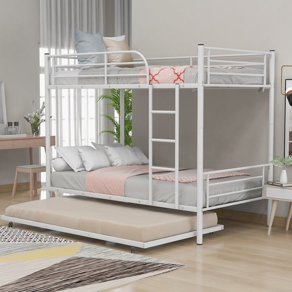 White Twin-Over-Twin Metal Bunk Bed With Trundle,Can be Divided into two beds,No Box Spring needed