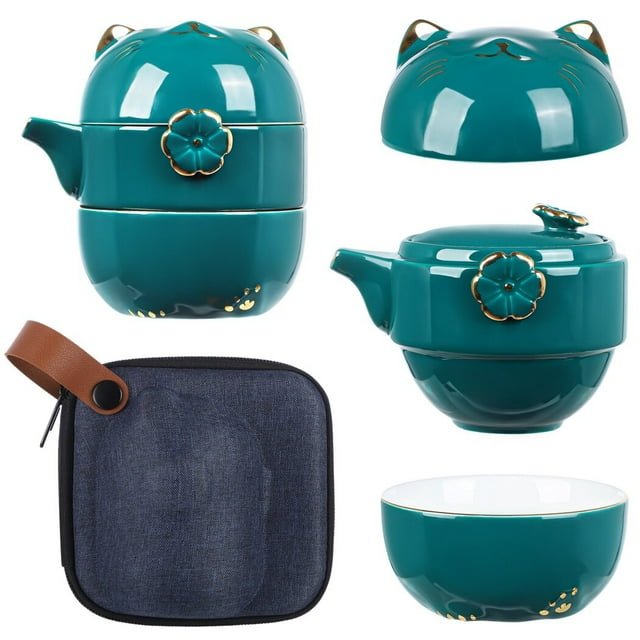 Lucky Cat Ceramic Tea Cup Set, Portable Porcelain Teapot Set with Tea Strainer, Tea Brewing Set with Shockproof Storage Case, Suitable for Travel Outdoor Picnic Office Work Home