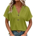thumbnail image 2 of Women Plus Size Tops Sawvnm Women's Fashion Casual Solid Color Button V-neck T-shirt Top Short Sleeved V-neck Top/shirt Army Green 4XL, 2 of 6