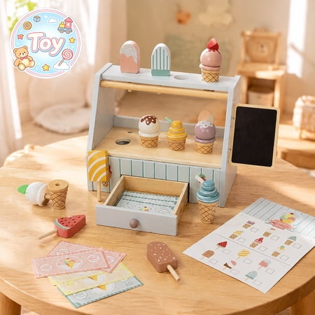 Wooden Ice-cream Pretend Play Set with Teapot Cups Desserts and Serving Tray Sweet Party Toys Snack Time Role Play Kit Christmas Birthday Gifts Toys for Toddler Baby Kids Boys Girls Age 3+