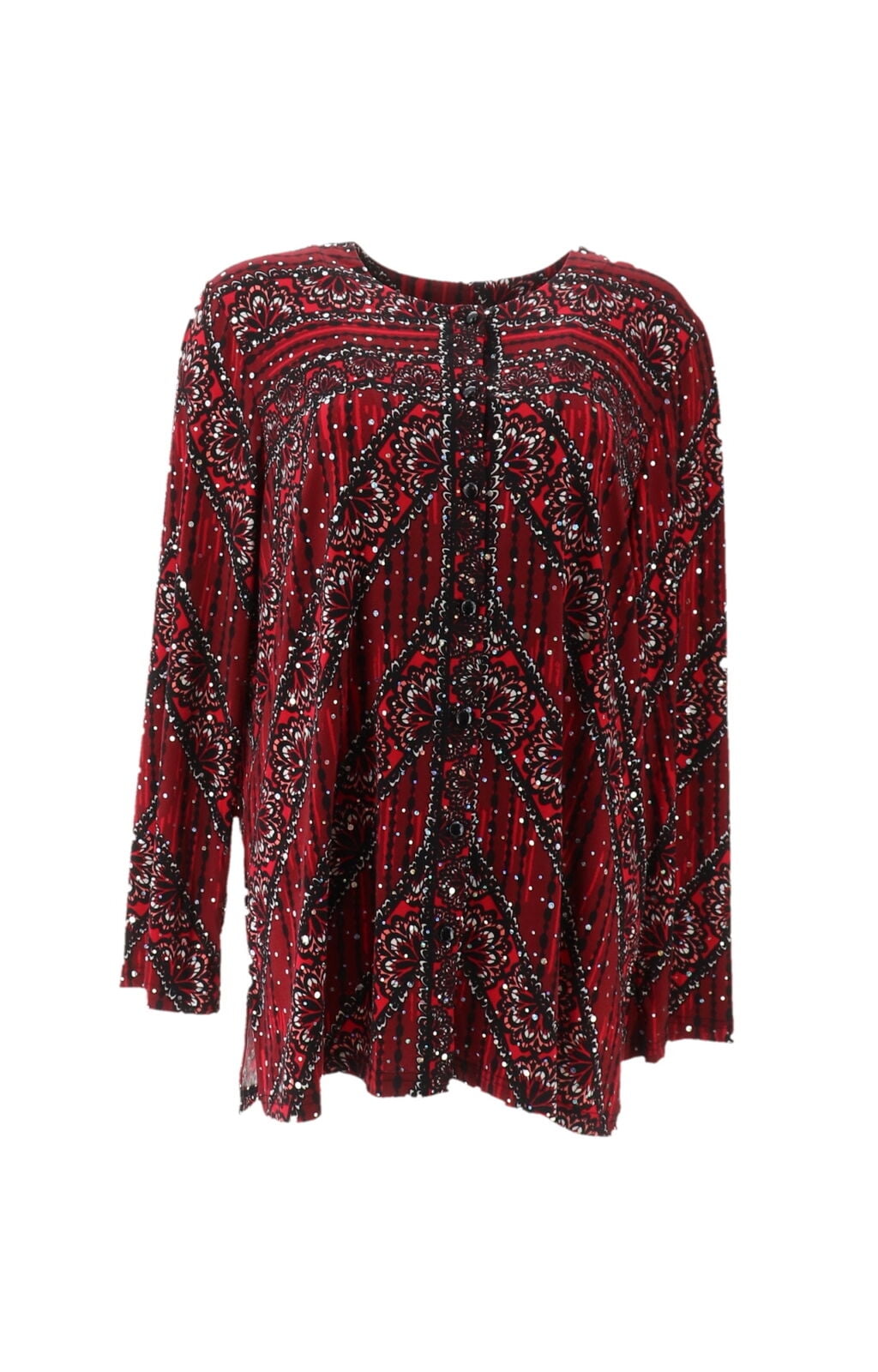 Bob Mackie - Bob Mackie Printed Lace Stripe Jersey Button Blouse ...