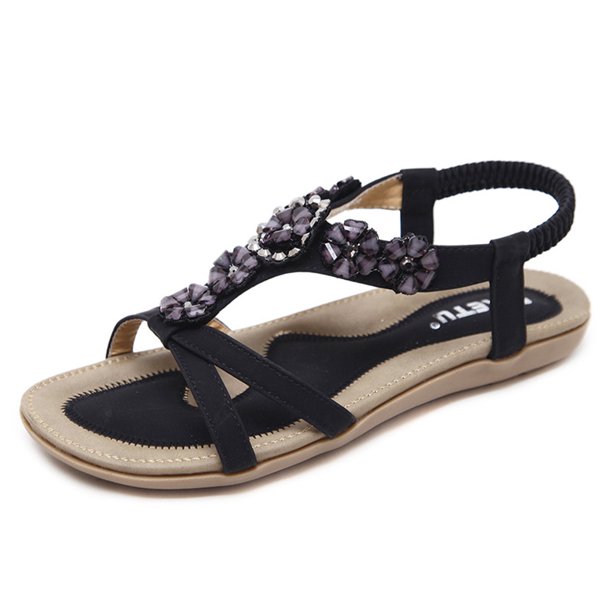 Sandalias planas bohemias cómodas zapatos de verano con flores de diamantes de imitación sólidos para mujer
