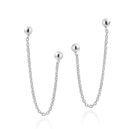 Double Chain Stud - Rare Double Ball Pierced Chain .925 Sterling Silver Earrings