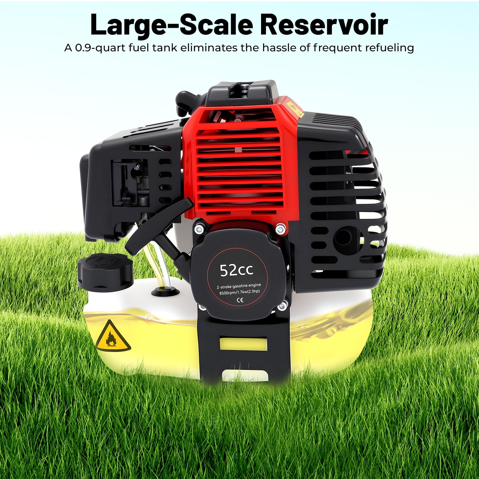 52CC 2-Stroke Gas Multi-Trimmer, 8500r/Min 0.9Qt Tank Capacity Detachable Gasoline Power Garden Lawn Aluminum Brush Cutter String Trimmer w/7 Heads