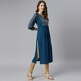 thumbnail image 5 of Janasya Indian V-Neck Puff Sleeve Floral Print Teal Poly Crepe Kurta For Women, 5 of 7