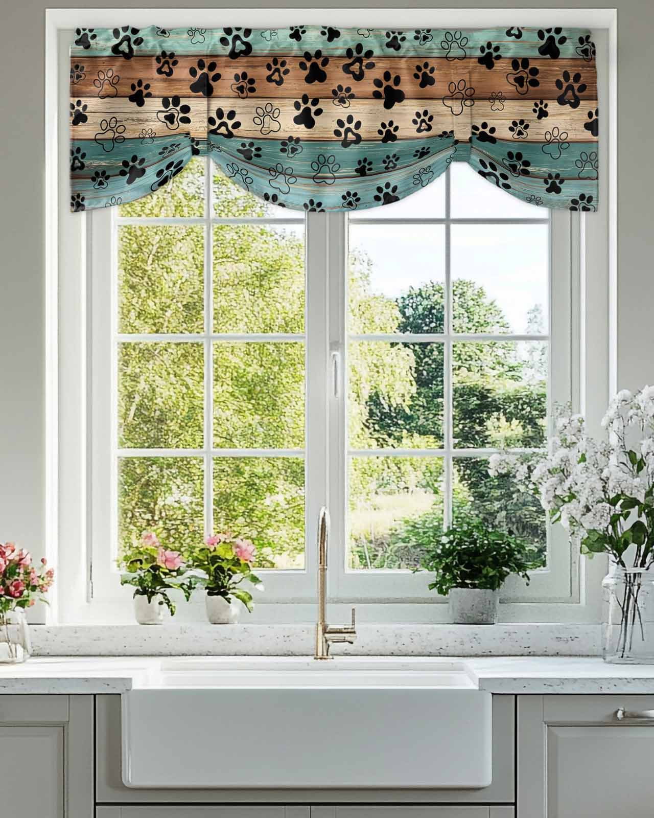 Dog Claws Tie Up Valances Curtain, Adjustable Kitchen Teal Brown Wood Grain Valances for Windows Decor, Rod Pocket Short Curtains Set for Bedroom/Bathroom, 54"x18"
