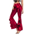 thumbnail image 3 of Women Vintage Shiny Metallic Bell Bottom Ruffle Flare Pants- 70s Disco High Waisted Dance Bootcut Palazzo Pants, 3 of 4