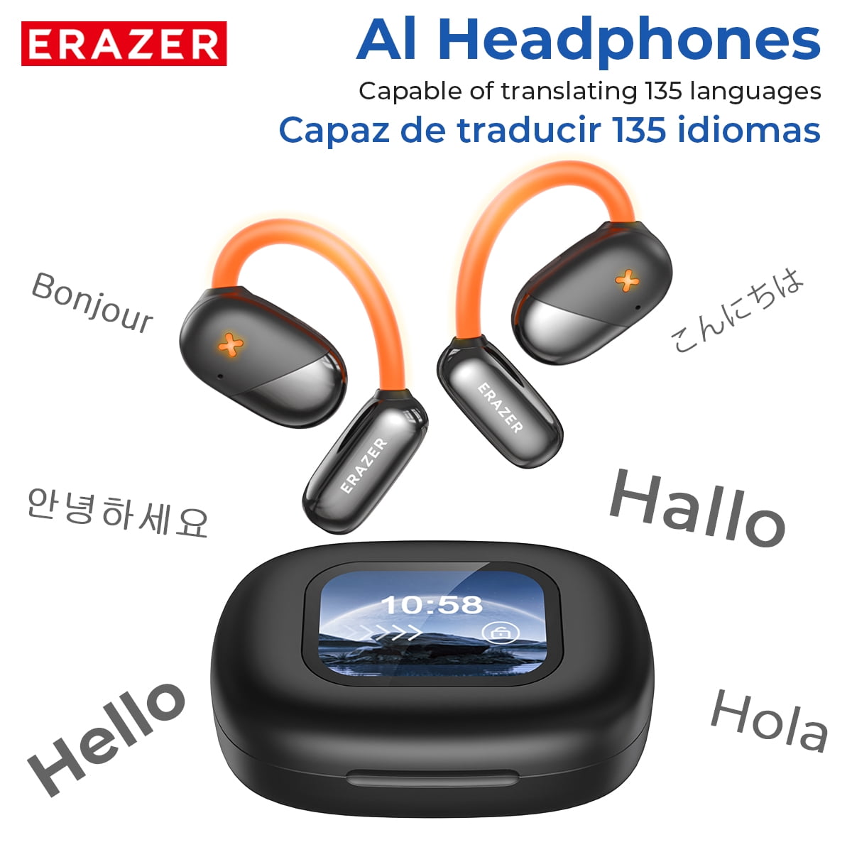 Open Ear AI Translation Wireless Earbuds - ERAZER Bluetooth 5.4, 130+ Language Translator, IPX5 Sweatproof for Running/Business