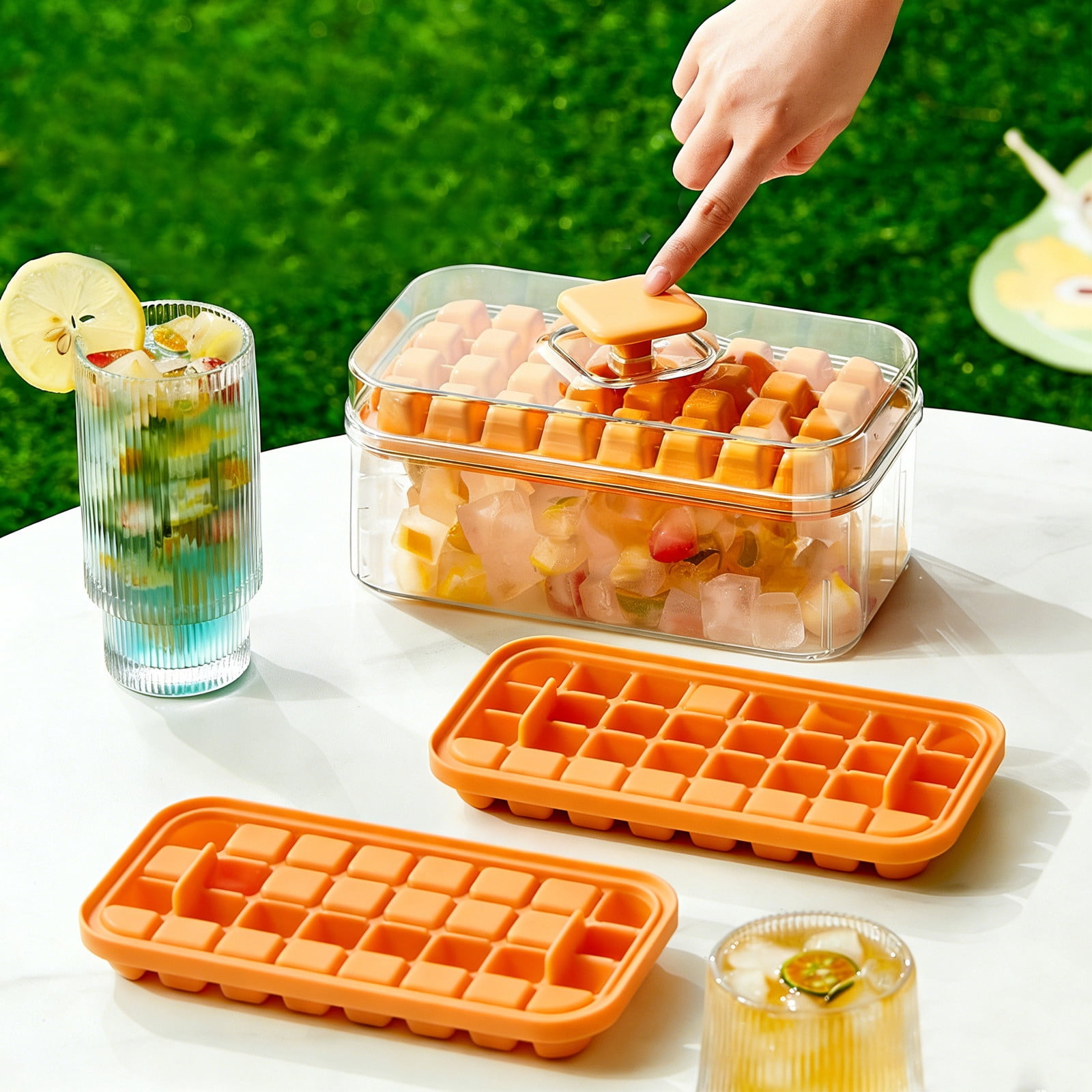 COM1950s Ice Tray with Storage Bin, One Click Release Double Layer Portable Ice Maker with Handle, Large Capacity Ice Container for Summer Home Party