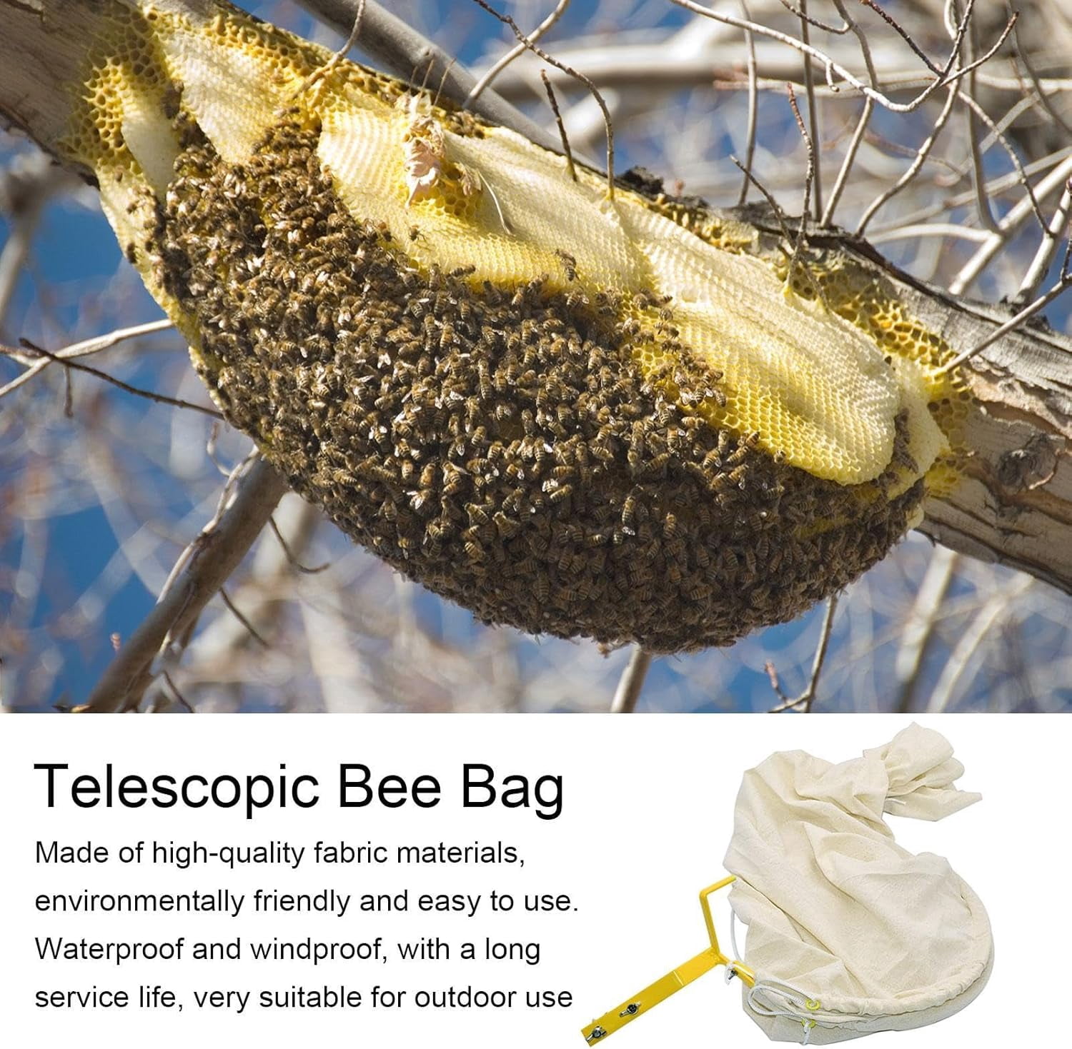 keyasia Bee Catcher Net, Steel Frame Telescopic Swarm Bag, Bee Cage with Lockable Base, Canvas Bee Trap Honeycomb Bag Ultra-Light Recruit Tool for Outdoor Beekeeper for Outdoor Beach