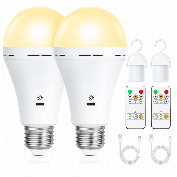 Brightown E26 Rechargeable Light Bulb with Remote and Timer | 2 Pack Battery Backup Bulb for Sconces and Lamps, Magnetic Bulbs for Non-Hardwired Fixture