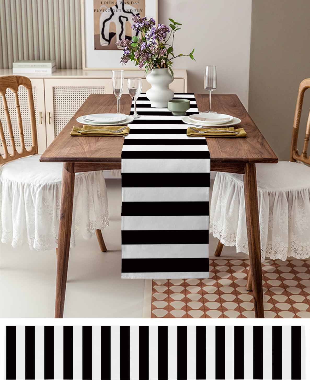 Simple Black White Stripes Table Runner Modern Stripes Tablerunners 13 x 90 Inch, Table Decorations Tabletop Scarf for Summer Gathering Holiday Farmhouse Kitchen Dining Decor