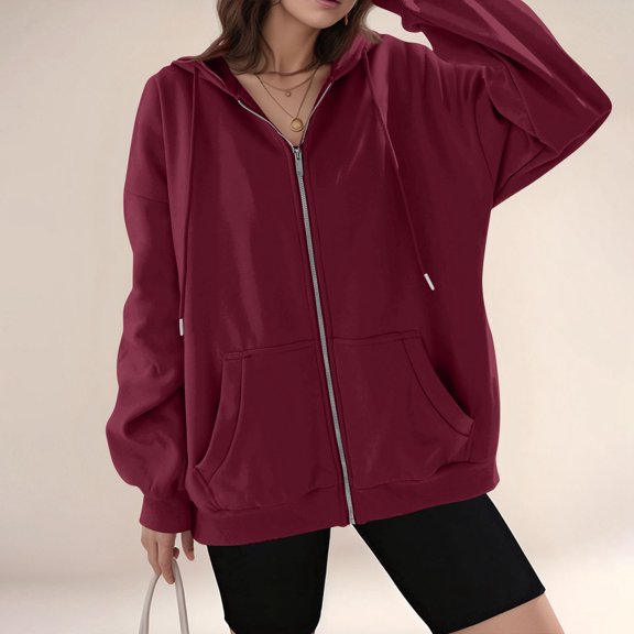 Resicozy Full Zip Hoodies for Women Oversized Long Sleeve Hooded Sweatshirts Trendy 2026 Casual Fashion Hoodie with Pocket Wine XL