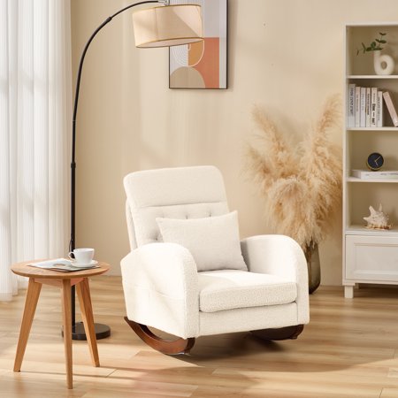 PXZEE Modern Teddy Nursery Rocking Chair, Accent Upholstered Comfortable Glider Rocker Chair, High Backrest, Side Pocket & Rubber Wood Legs, Ideal for Bedroom & Living Room, Baby