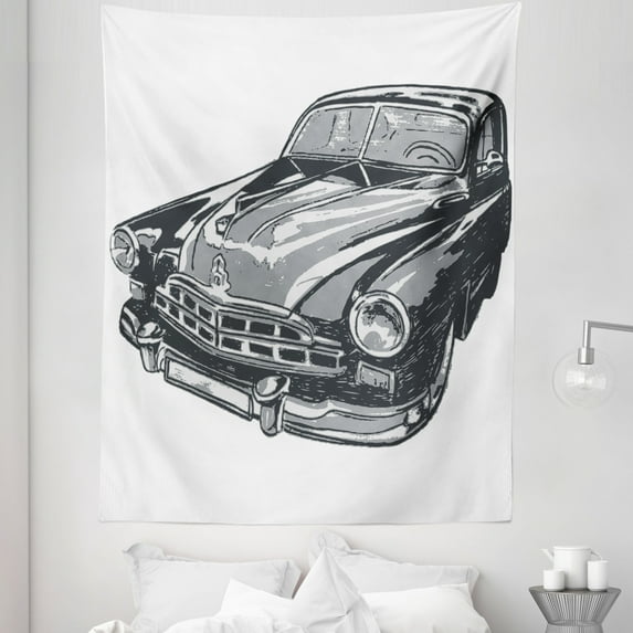 Cars Tapestry, Hand Drawn Vintage Vehicle with Detailed Front Part Hood Lamps Rear View Mirror, Fabric Wall Hanging Decor for Bedroom Living Room Dorm, 5 Sizes, Grey Blue Grey, by Ambesonne