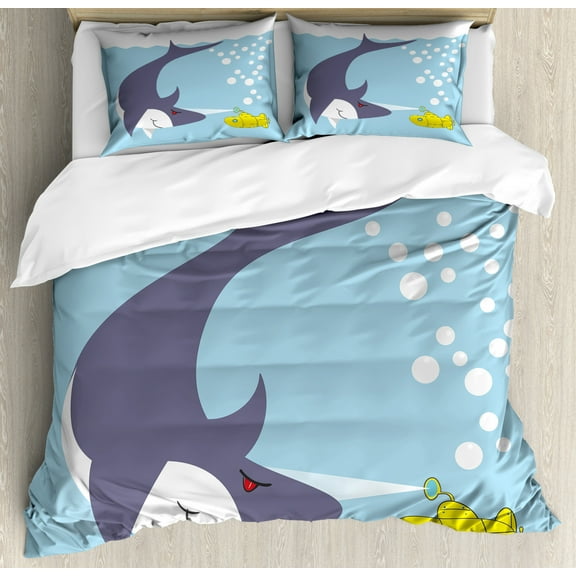 Yellow Submarine Duvet Cover Set, Shark with Vessel in Ocean Bubbles Under Sea Theme Animals Cartoon, Decorative 3 Piece Bedding Set with 2 Pillow Shams, King Size, Blue Grey Yellow, by Ambesonne