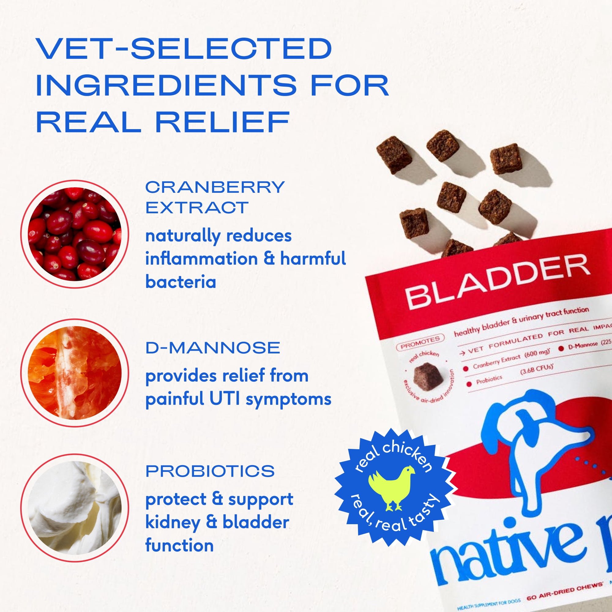 Native Pet Bladder Chews for Dogs, Urinary & Bladder Support with Cranberry for UTI and Kidney Health, 120ct