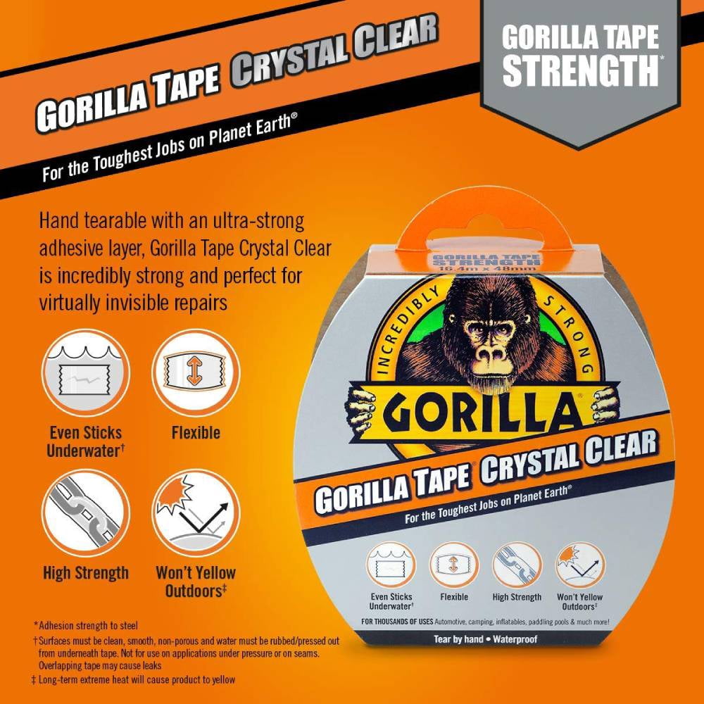 Gorilla Crystal Clear Tape Duct Repair Patch Seal Hand Tearable 1.88 in x 27 ft,  6-Pack