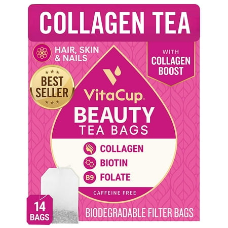 VitaCup Beauty Tea Bags 14ct w/ Caffeine Free, Collagen, Biotin, Vitamins for Hair Skin and Nails in Sealed Single Serve Tea Sachet Bag