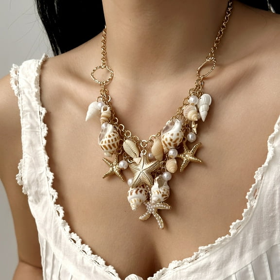 Shell Starfish Necklace Bracelet Conch Statement Chunky Necklace Mermaid Costume Jewelry Beach Jewelry for Women