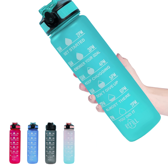 Medstation Motivational with Time Marker 32 oz Green Tritan Plastic Water Bottle with Carry Strap