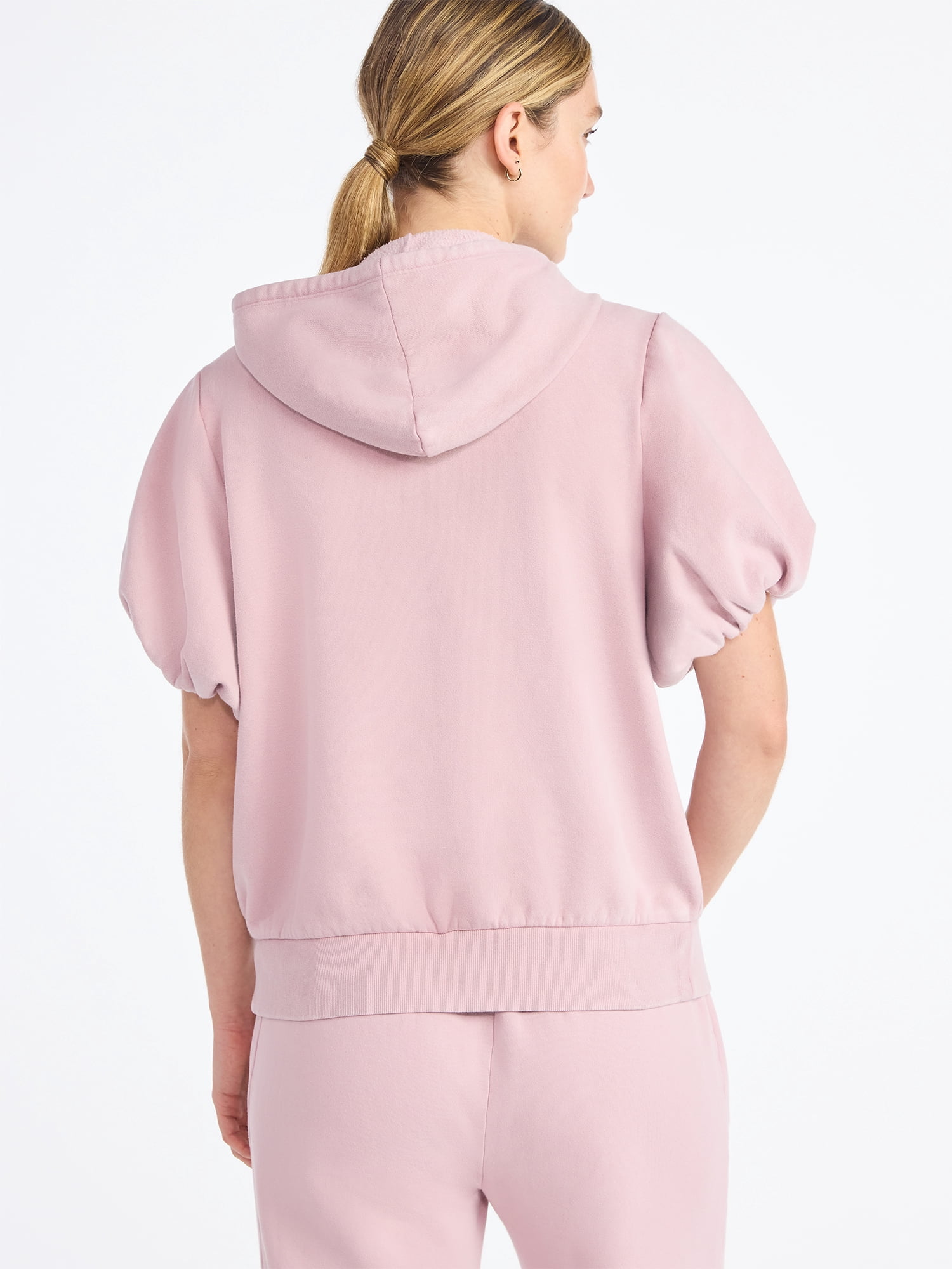 Scoop Women’s Mineral Washed Zip Hoodie with Short Puff Sleeves, Sizes XS-XXL
