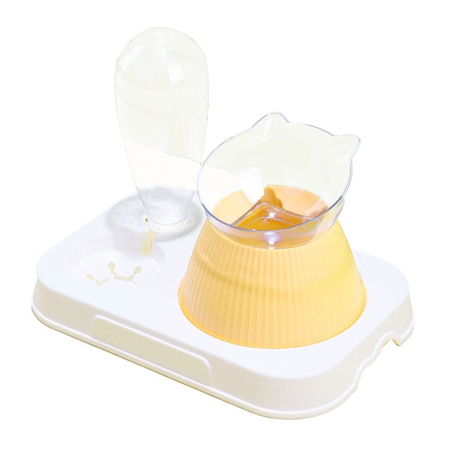 Juego de cuencos para botella de agua para mascotas, alimentación lenta, dispensador de agua automático inclinado de 15 grados, cuenco para botella para gatos y perros, amarillo